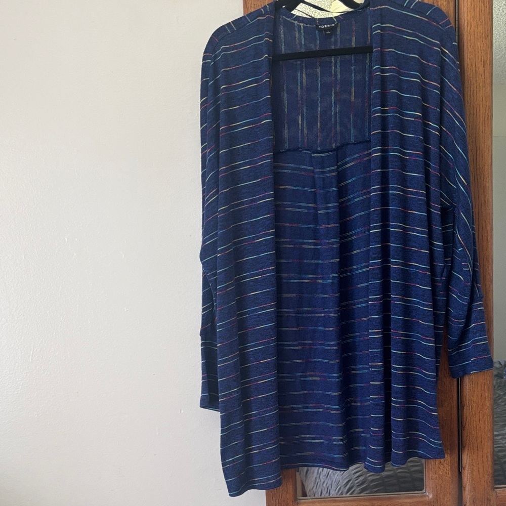 Torrid Rainbow Stripe Blue Heather Open Front Cardigan Duster  1 (1X / 14-16)